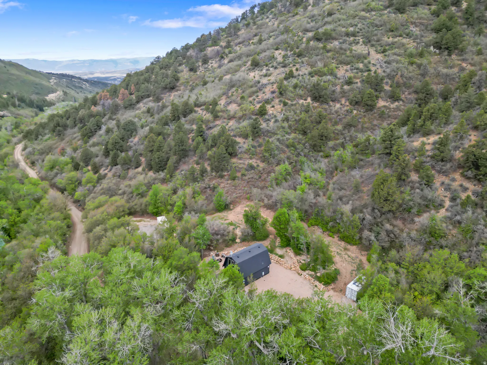 Secluded property featuring a dark-toned residence with a gabled roof, nestled among abundant mature trees and natural terrain