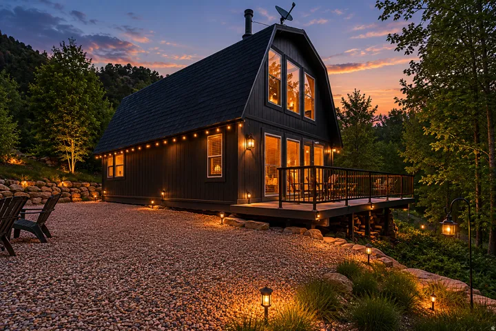 Barn-style architecture featuring dark wood siding and a steep gable roof