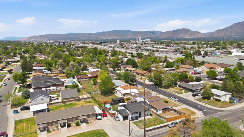 Aerial perspective showcasing a residential area with varied housing styles