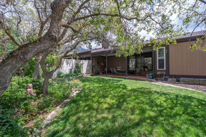 Expansive rear yard featuring mature trees, and a covered patio