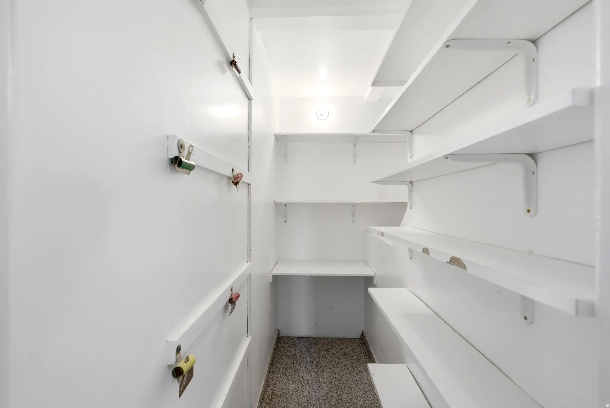 Storage room featuring built-in shelving, white painted walls, and a light-colored floor