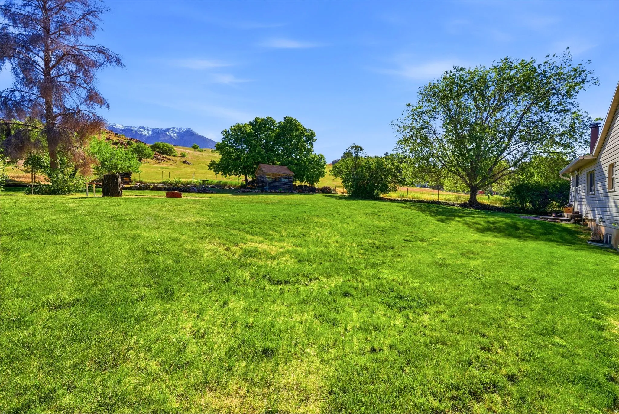 Expansive green lawn with mature trees and a distant mountain backdrop