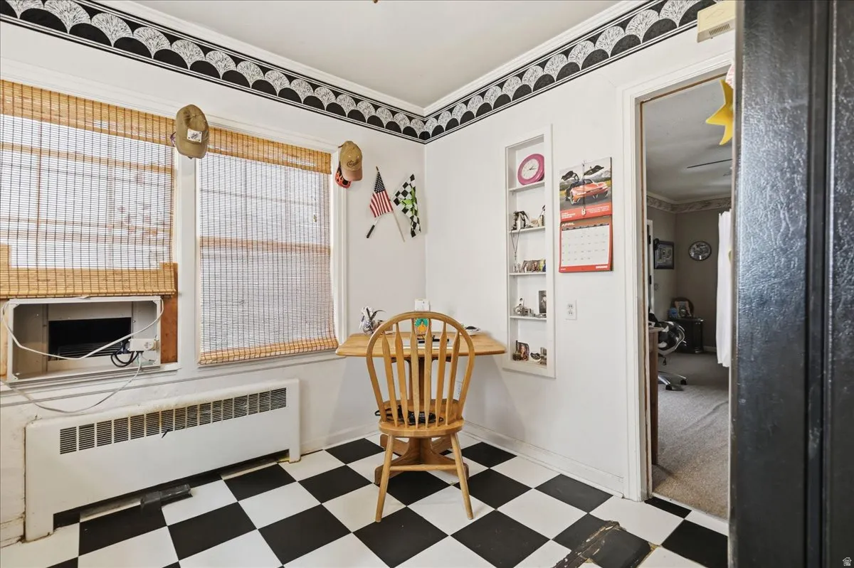 Black and white checkerboard flooring providing a distinct aesthetic