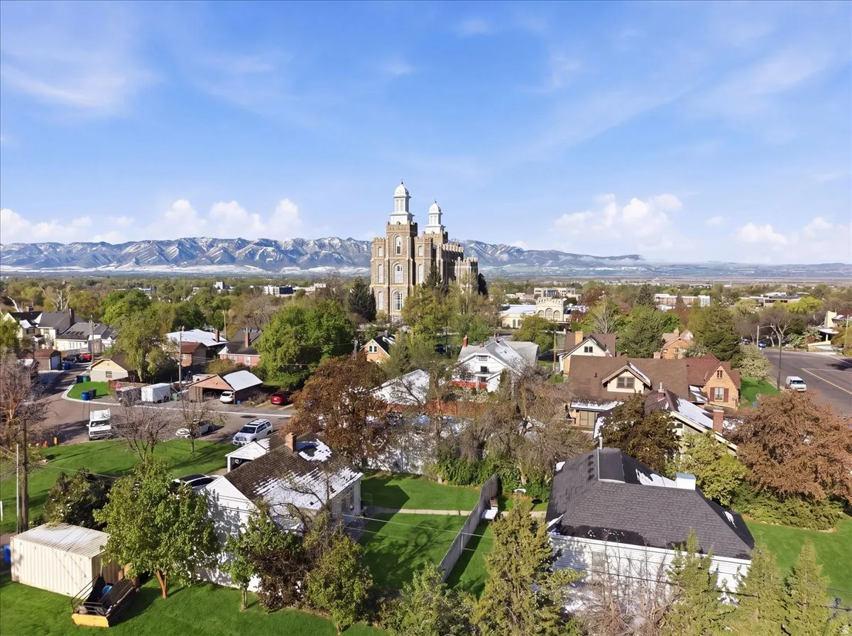 Aerial perspective showcasing a community with diverse residential properties, mature trees, and mountainous terrain in the background