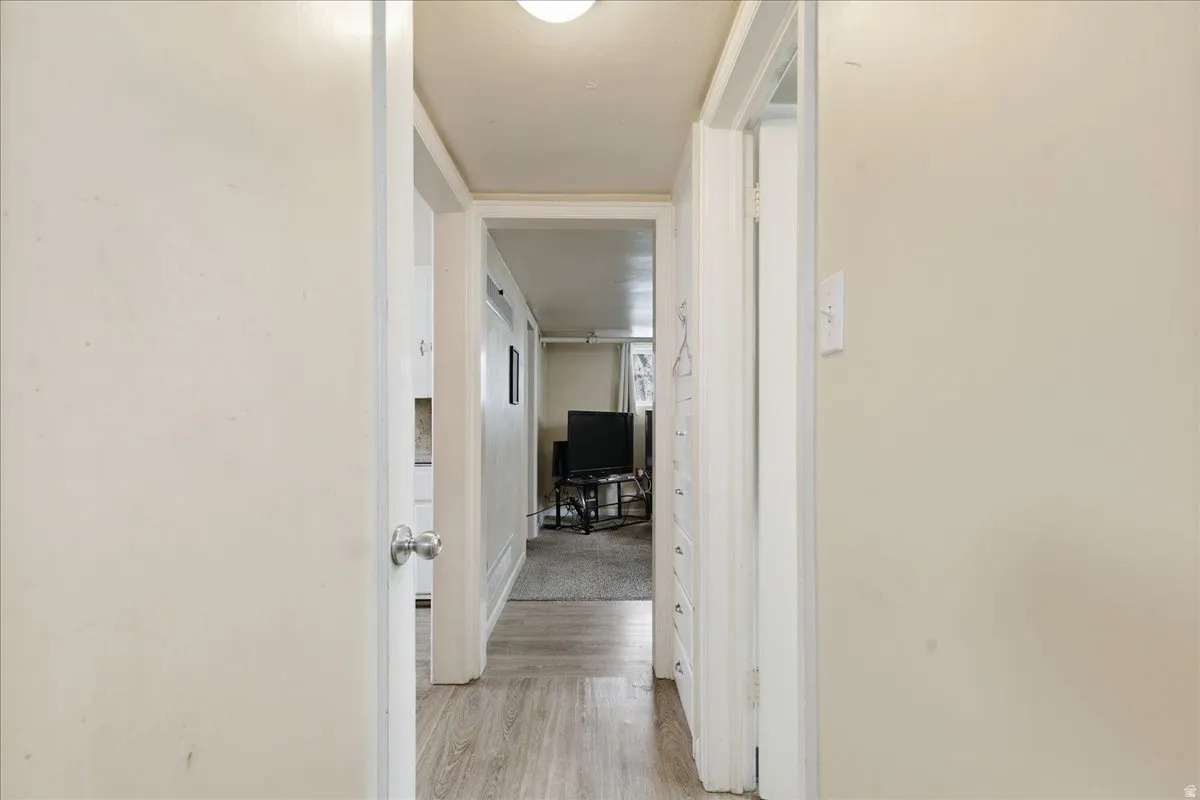 Hallway with light-toned wood-finish flooring extending into the background