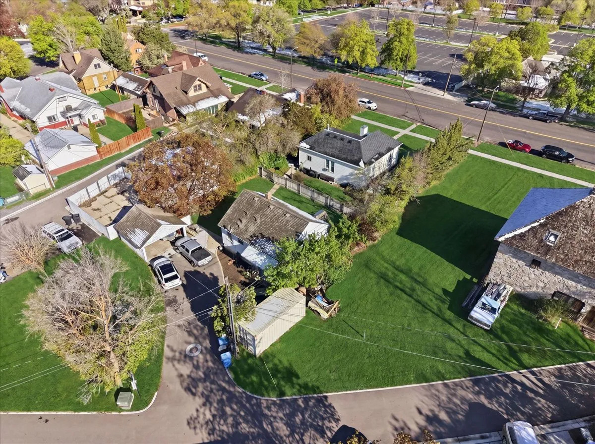 Aerial perspective showcasing a neighborhood with mature landscaping and established properties
