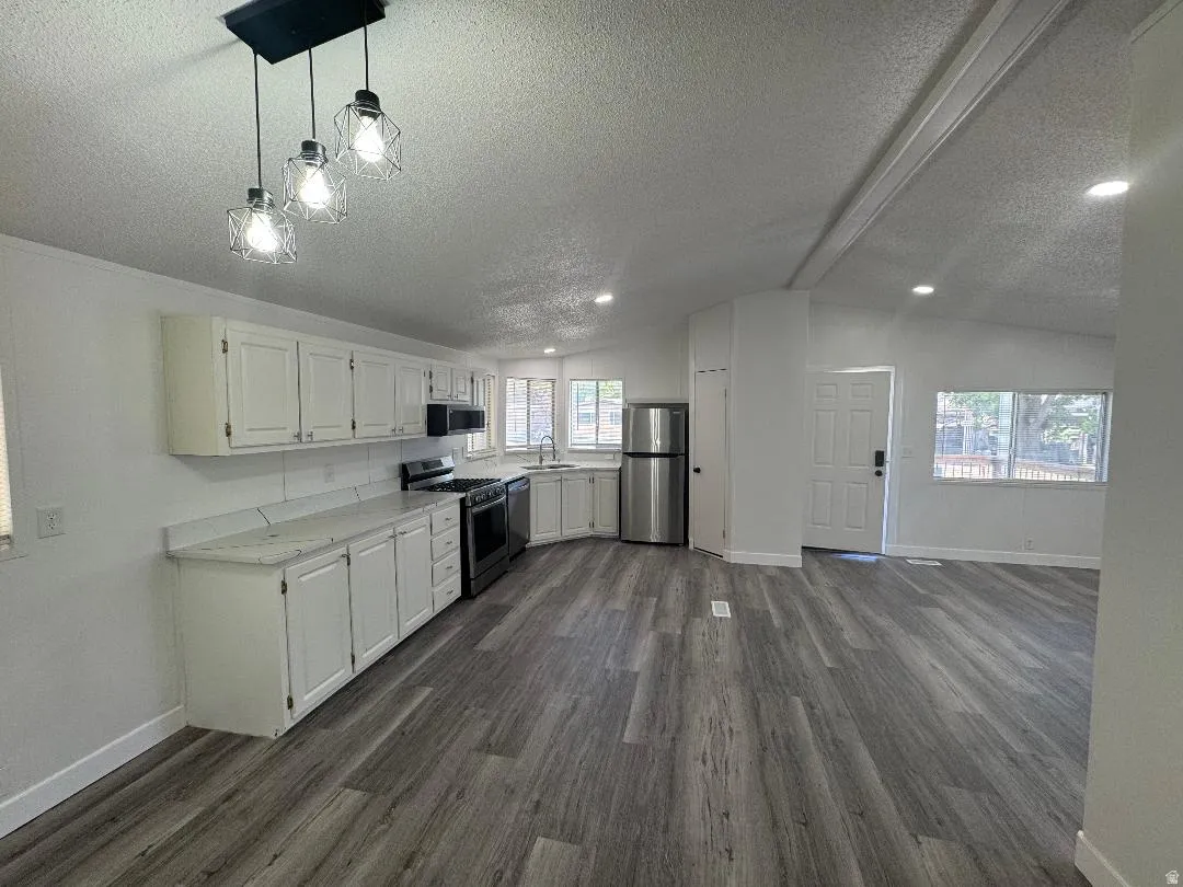 Kitchen and living space featuring grey wood-finish flooring, white cabinetry, and stainless steel appliances