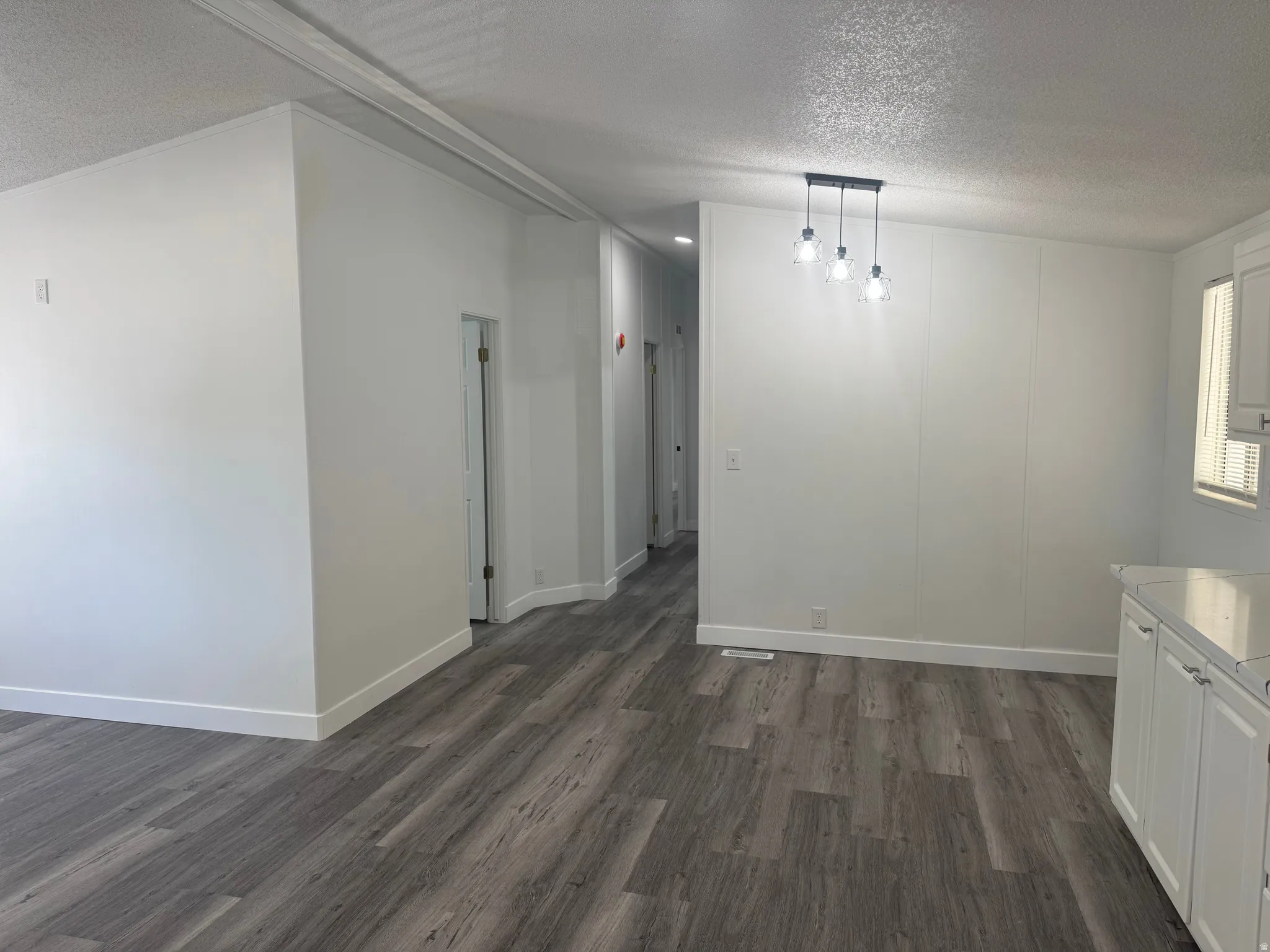 Open concept area featuring wood-finish flooring, white walls, and a contemporary linear pendant light fixture