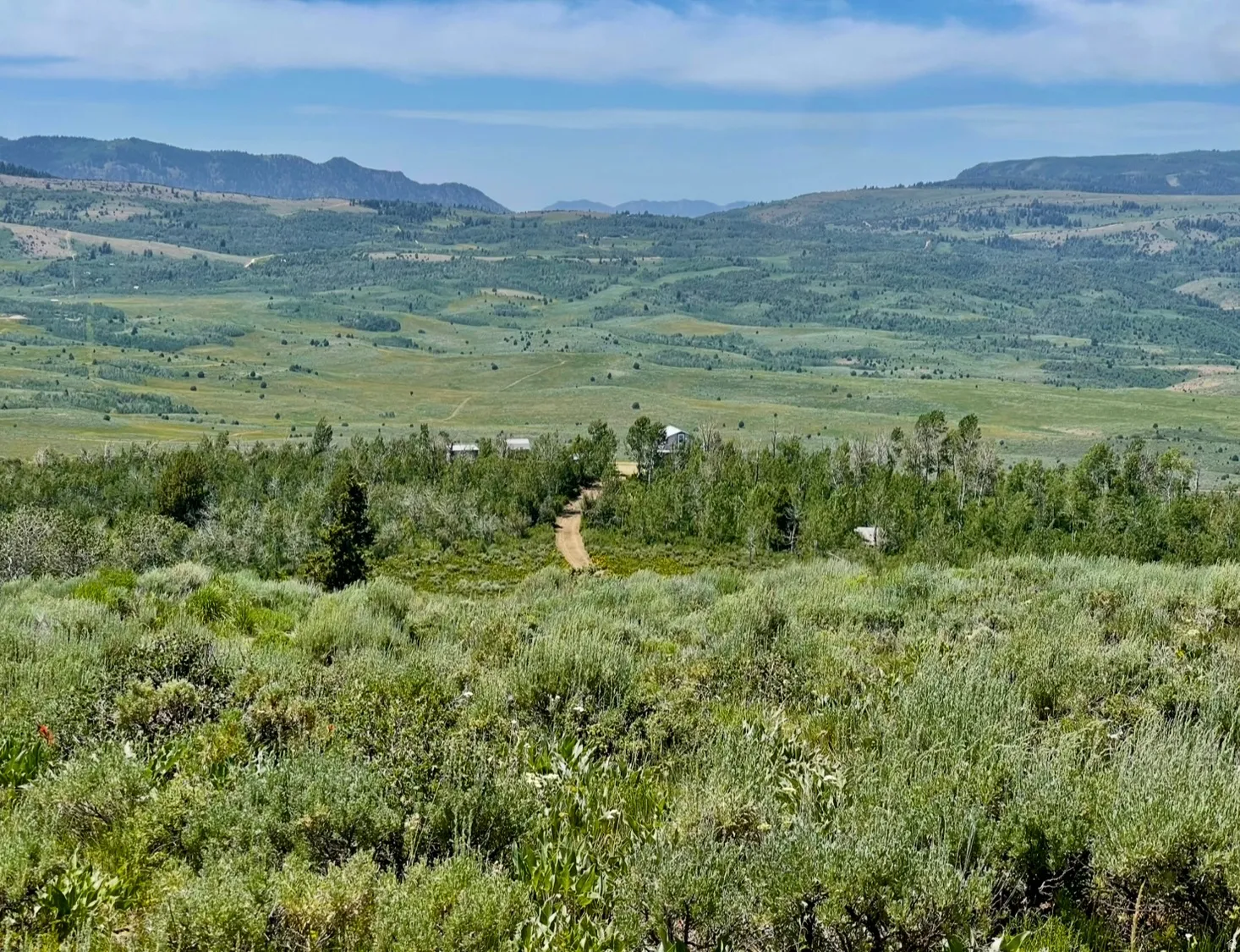 Expansive rural landscape featuring a dirt road traversing a verdant valley, surrounded by distant mountains