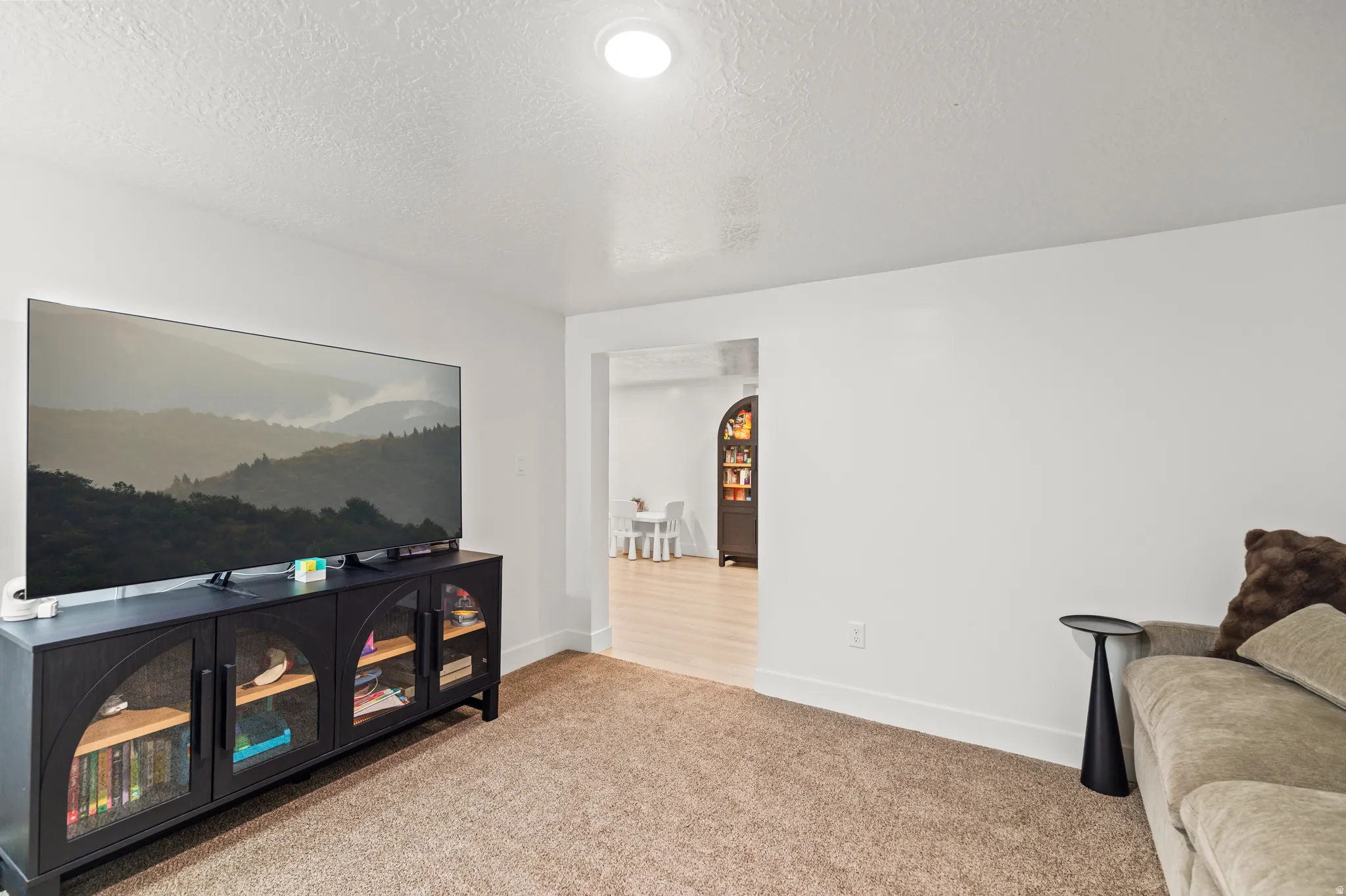 Carpeted living area featuring white walls and a recessed ceiling light
