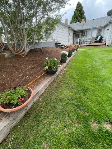 Expansive lawn area with a wood-retained planting bed