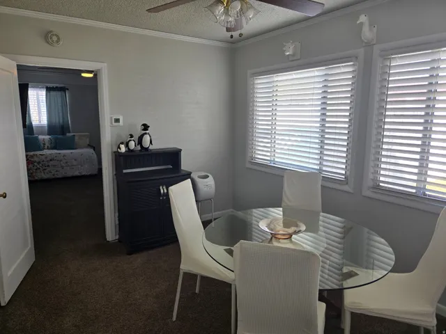 Dining area featuring a ceiling fan with light fixture, window blinds, and carpeted flooring