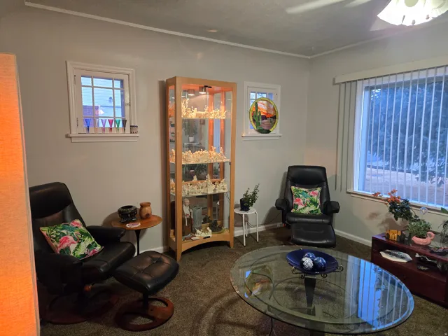 Carpeted interior space featuring multiple window styles, including a large window with vertical blinds and a smaller multi-pane window
