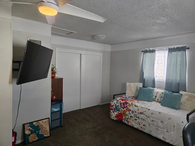 Carpeted room featuring a ceiling fan with integrated lighting, a window with a white privacy screen, and a wall-mounted television
