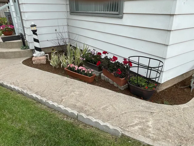Landscaped planting beds with mulched ground cover and various potted plants