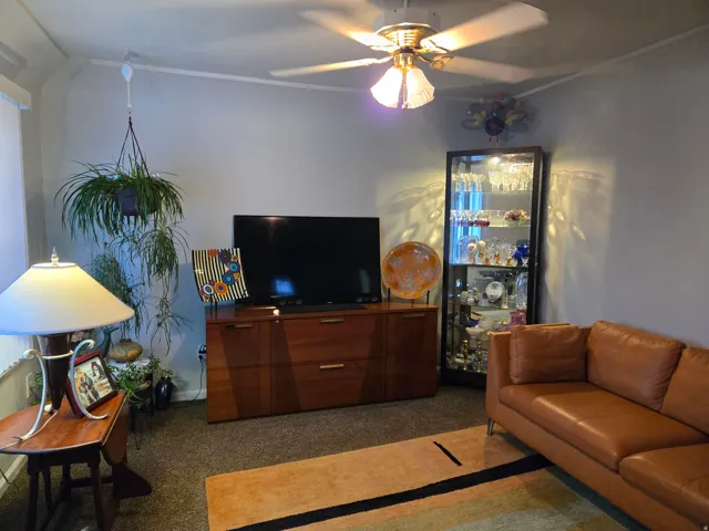 Living area featuring carpeted flooring and light-toned walls