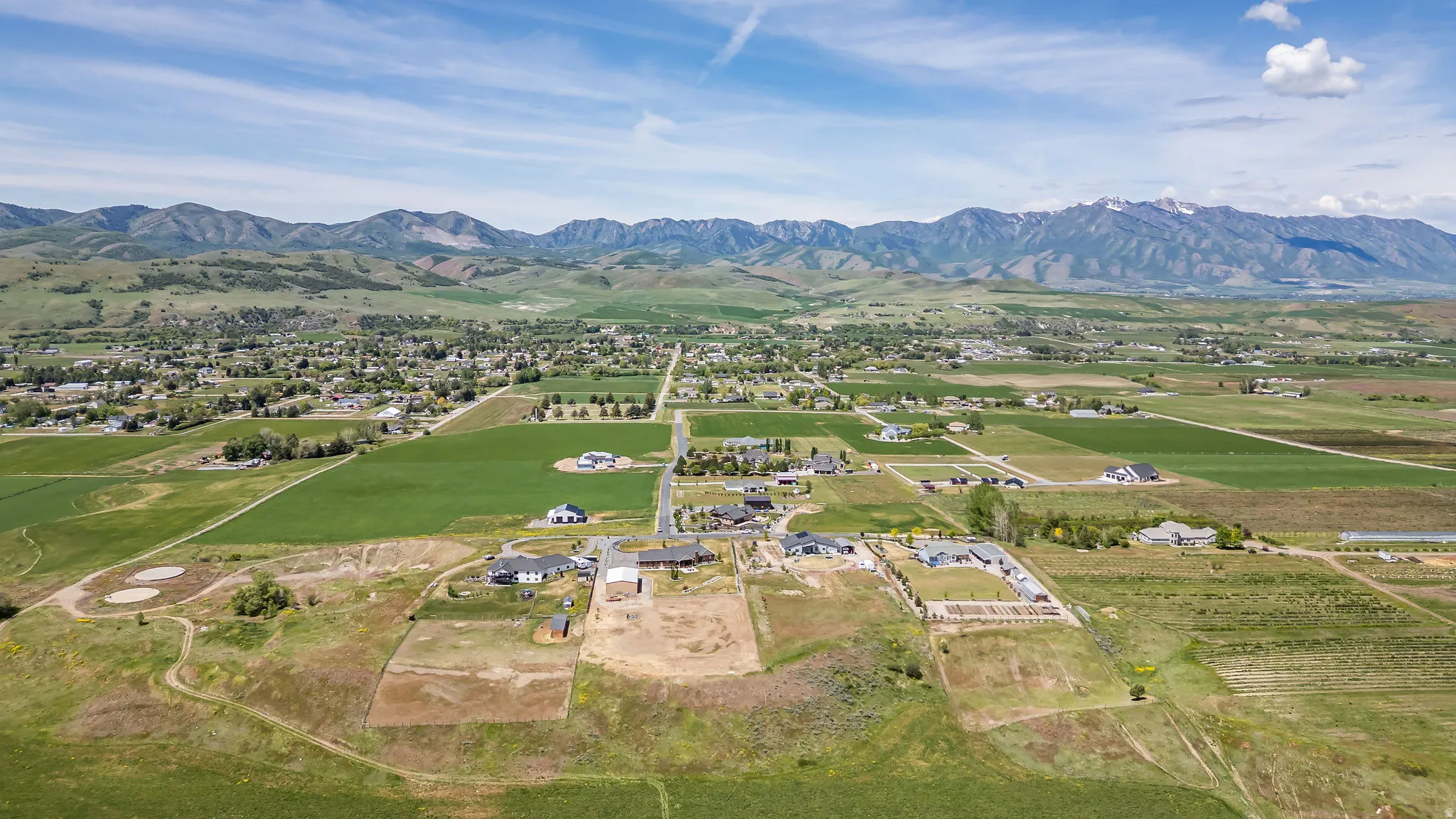 Expansive rural landscape featuring distant snow-capped mountains and green fields
