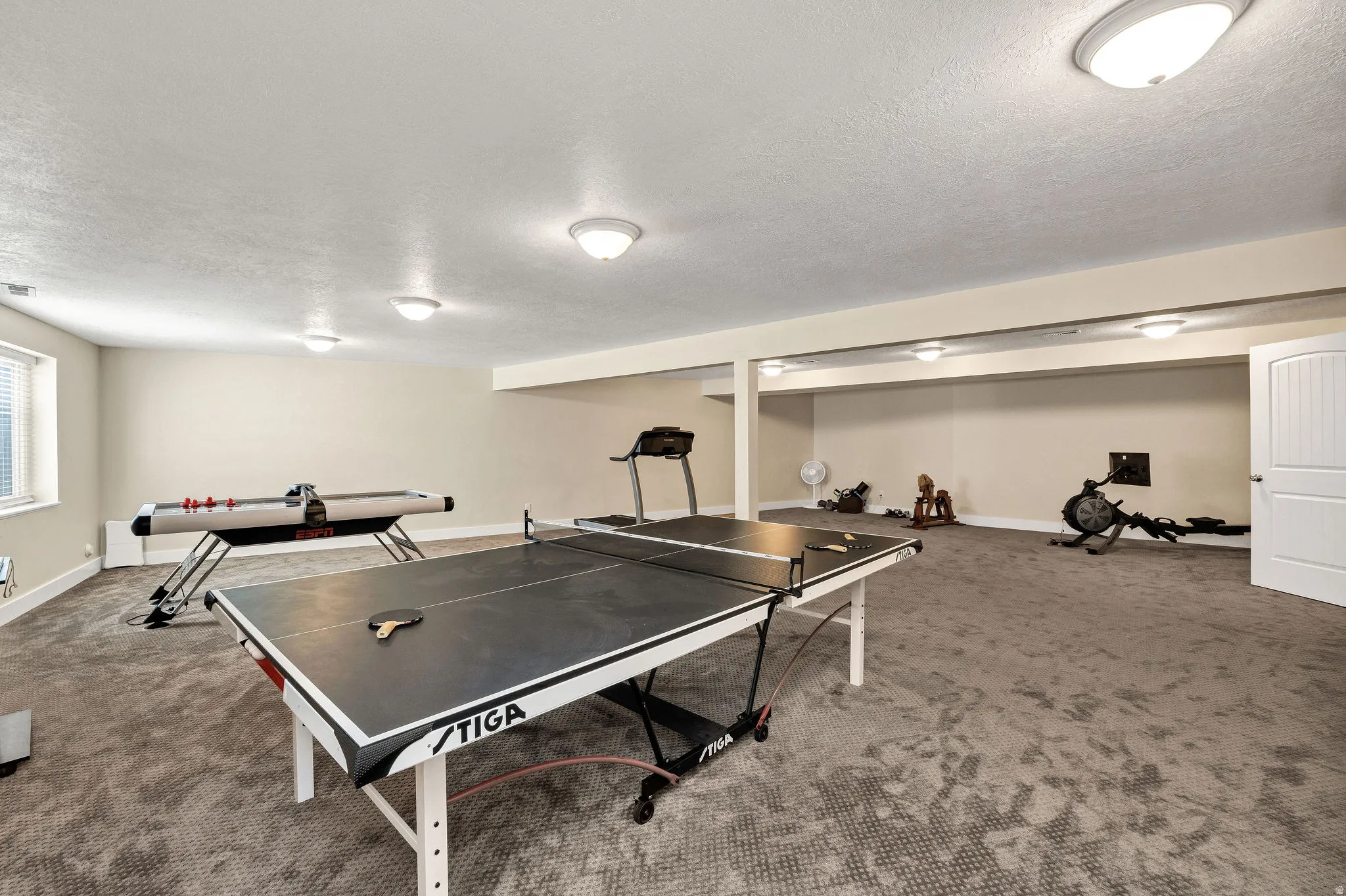 Spacious recreation room featuring neutral-toned walls, textured gray carpeting, and multiple flush-mount ceiling lights