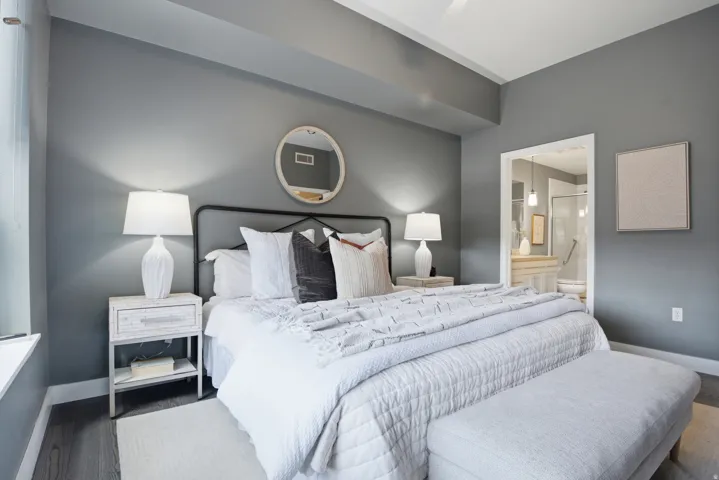 Contemporary bedroom featuring gray walls and wood-finish flooring