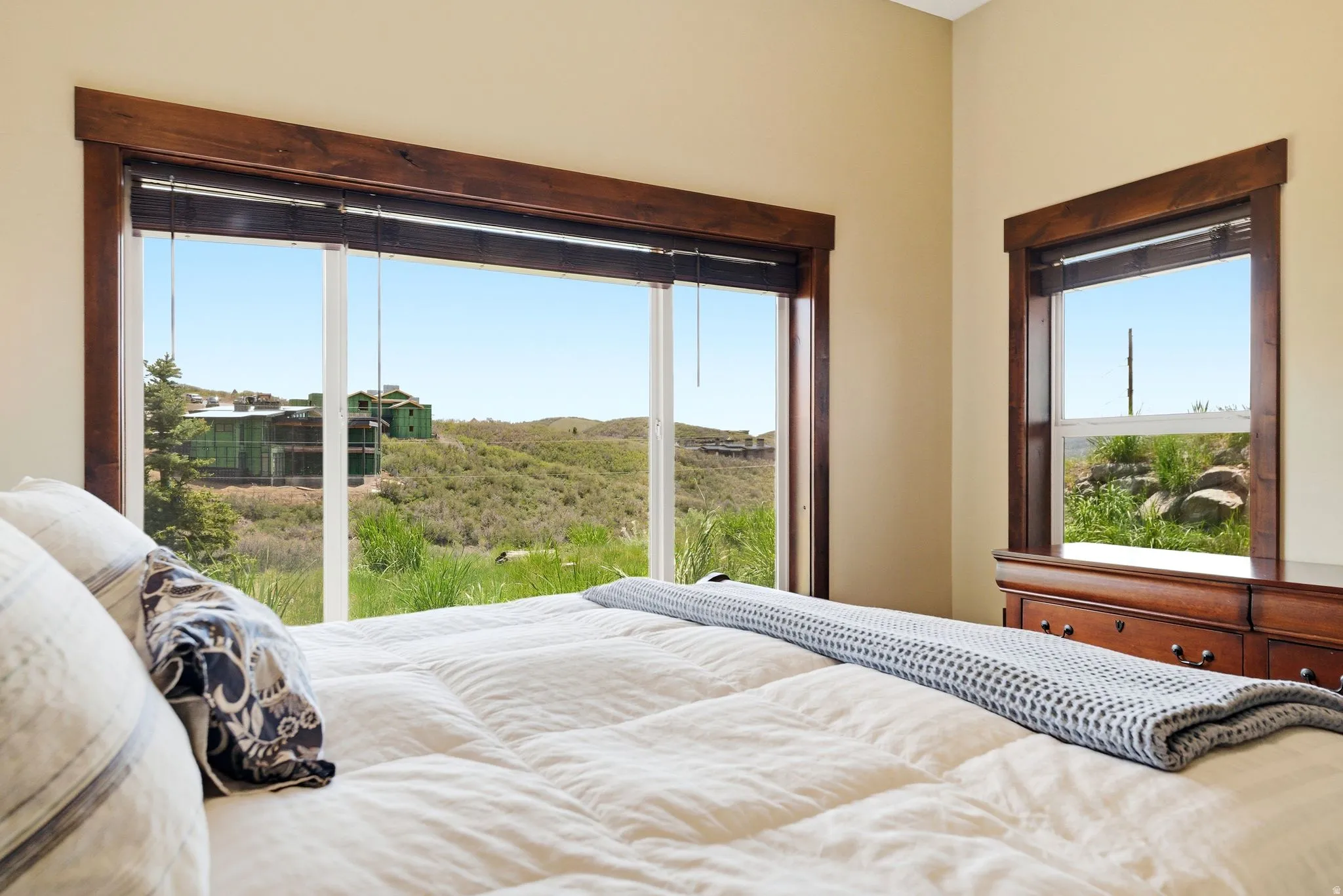 Expansive picture window and additional window with wood-finish trim