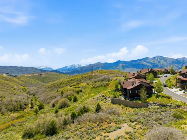 Mountain landscape featuring a residential area with brown-roofed homes, a paved road, and distant snow-capped peaks