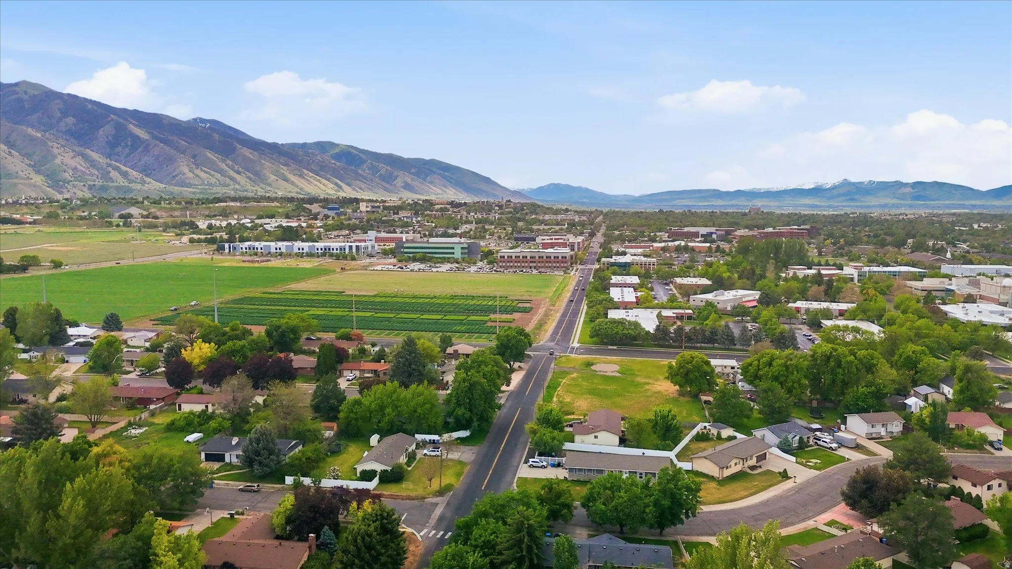 Expansive aerial perspective showcasing a residential neighborhood with verdant landscaping