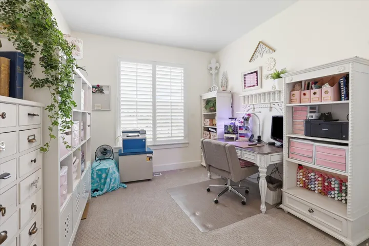 Bright room featuring a window with white plantation shutters, neutral carpeting, and white built-in shelving units