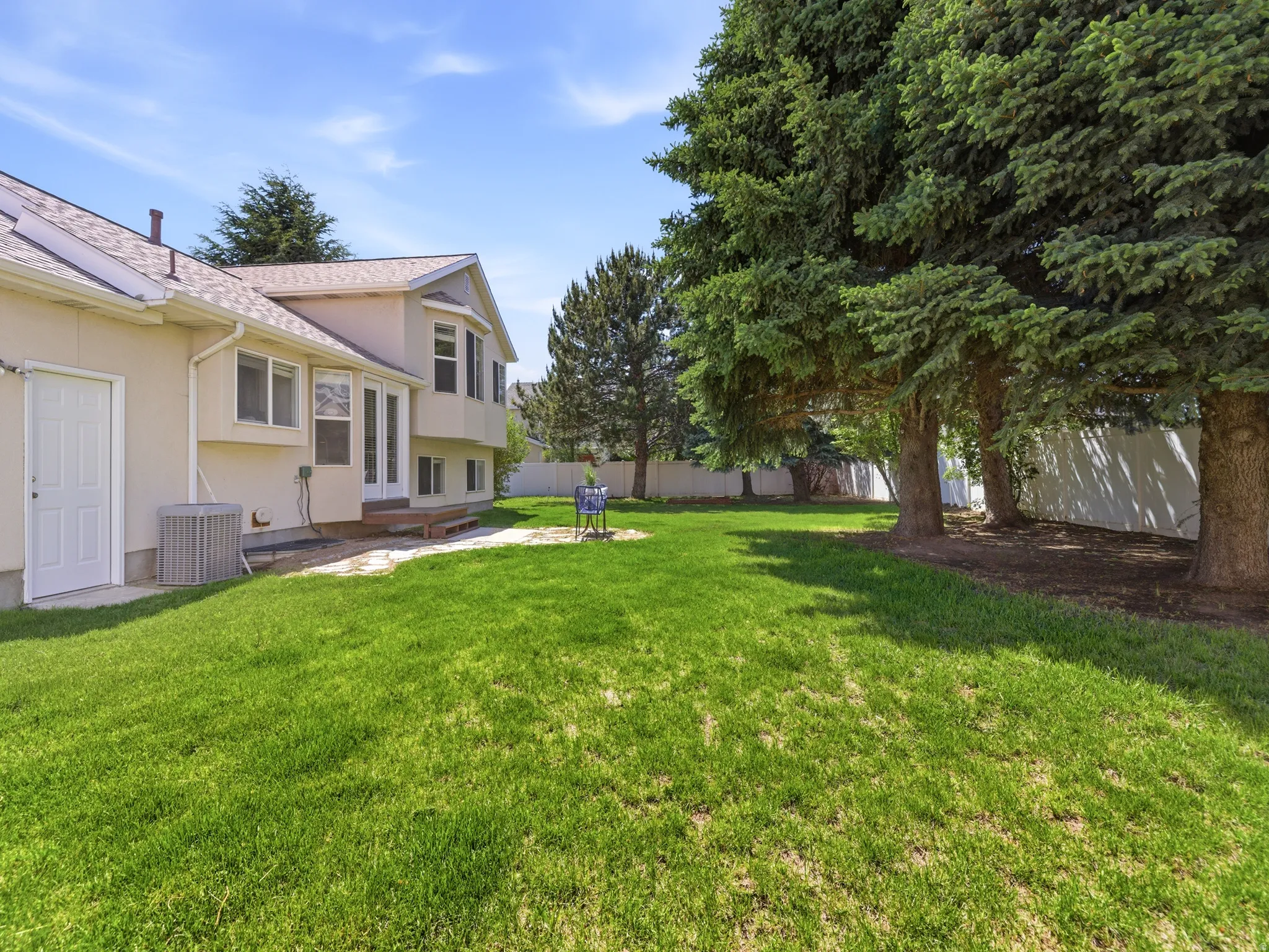 Expansive lawn area featuring mature evergreen trees and a light-colored stucco exterior with multiple windows
