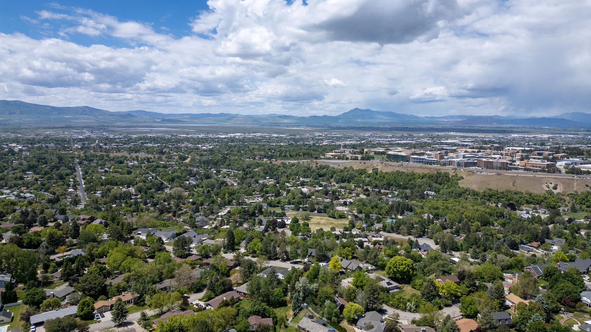 Expansive aerial perspective showcasing a residential area with mature tree coverage and distant mountain ranges