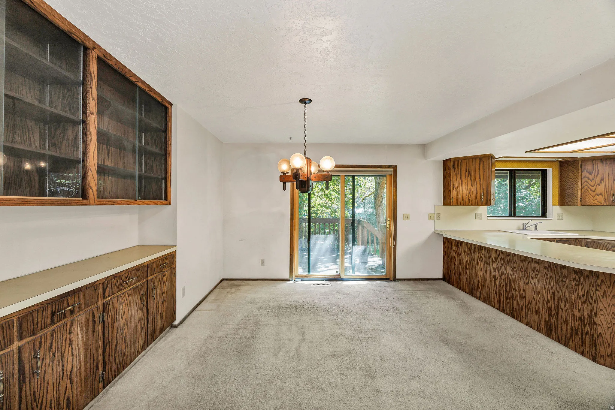 Spacious interior featuring a built-in wood-finish cabinet system with glass doors, a large sliding glass door opening to an outdoor deck, a kitchen counter with wood-finish paneling, an overhead light fixture, and neutral carpeting