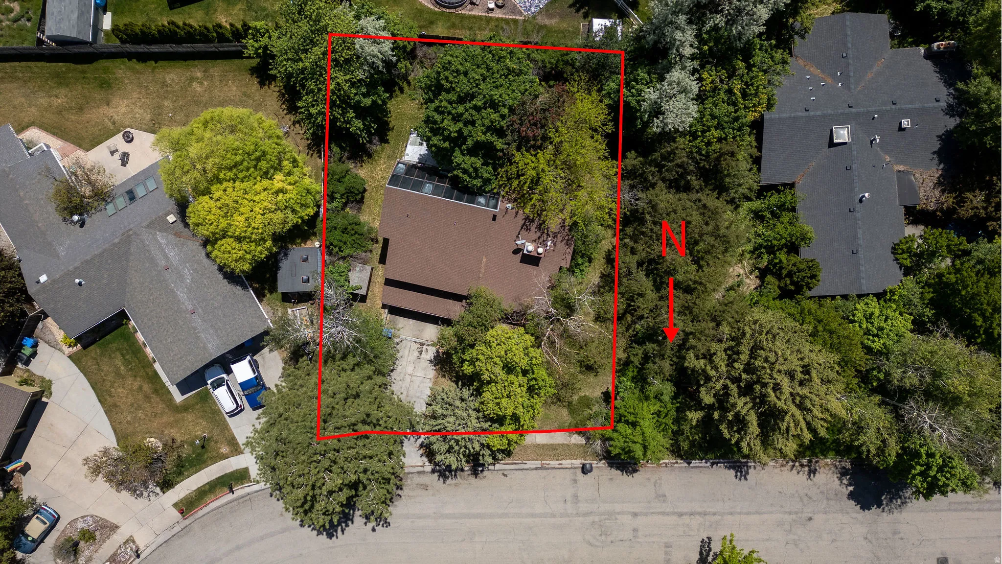Aerial depiction of a residential property featuring extensive mature tree coverage