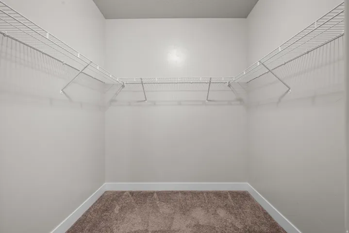 Walk-in closet with wire shelving system and neutral carpeting