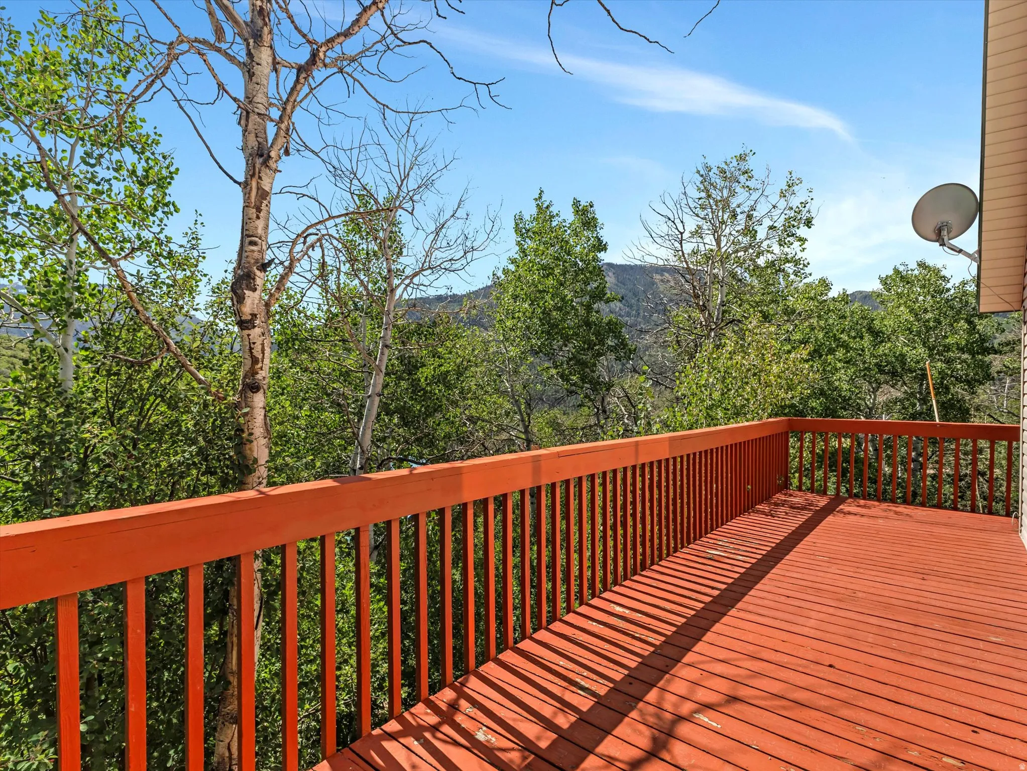 Expansive outdoor deck featuring wood flooring and railing, surrounded by lush trees and natural landscaping