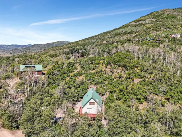 A-frame property with a prominent green roof, situated on a verdant hillside