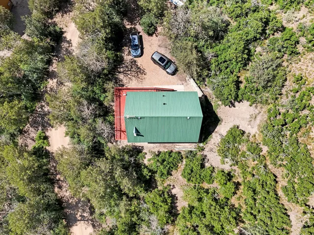 Property featuring a green metal roof, red deck, and surrounded by mature trees