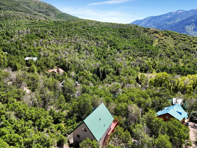 A-frame property featuring a green metal roof, a wood deck, and exterior stairs, surrounded by dense natural landscaping