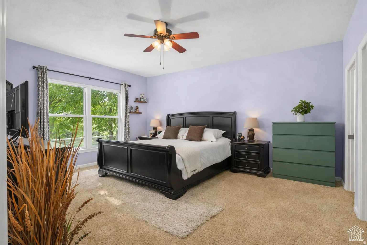 Spacious room featuring multiple windows, a ceiling fan, plush carpet flooring, and a neutral wall color