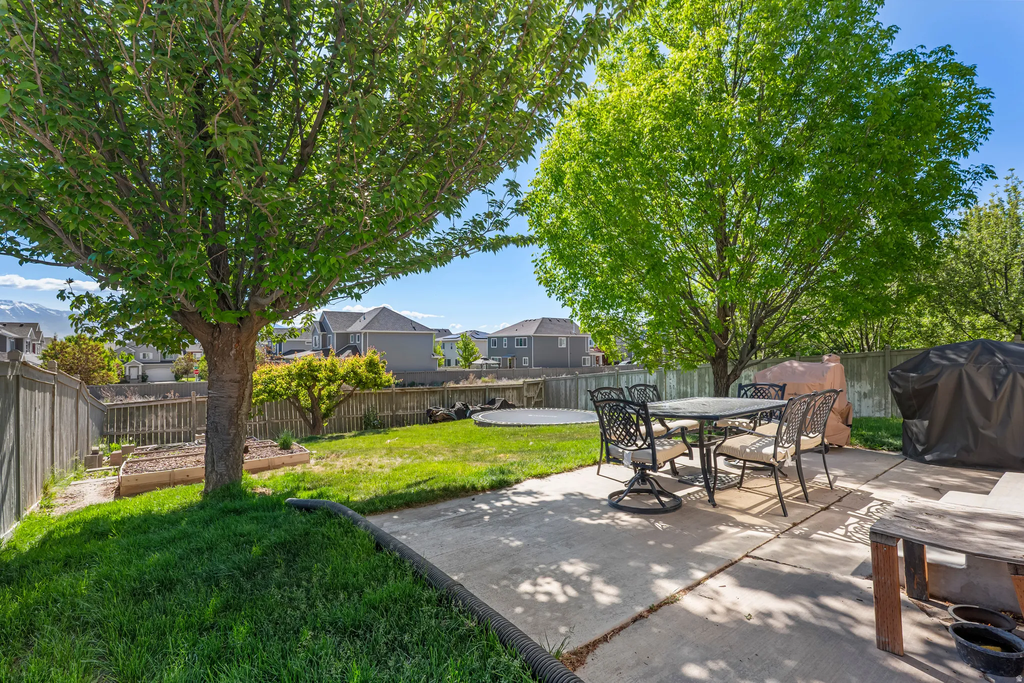 Expansive backyard featuring a concrete patio, mature trees, a manicured lawn, and raised garden beds