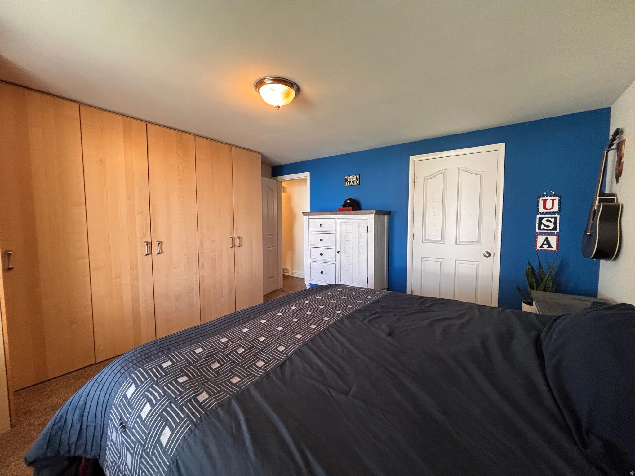 Full-height wood-finish cabinetry, a paneled interior door, and a flush mount ceiling light