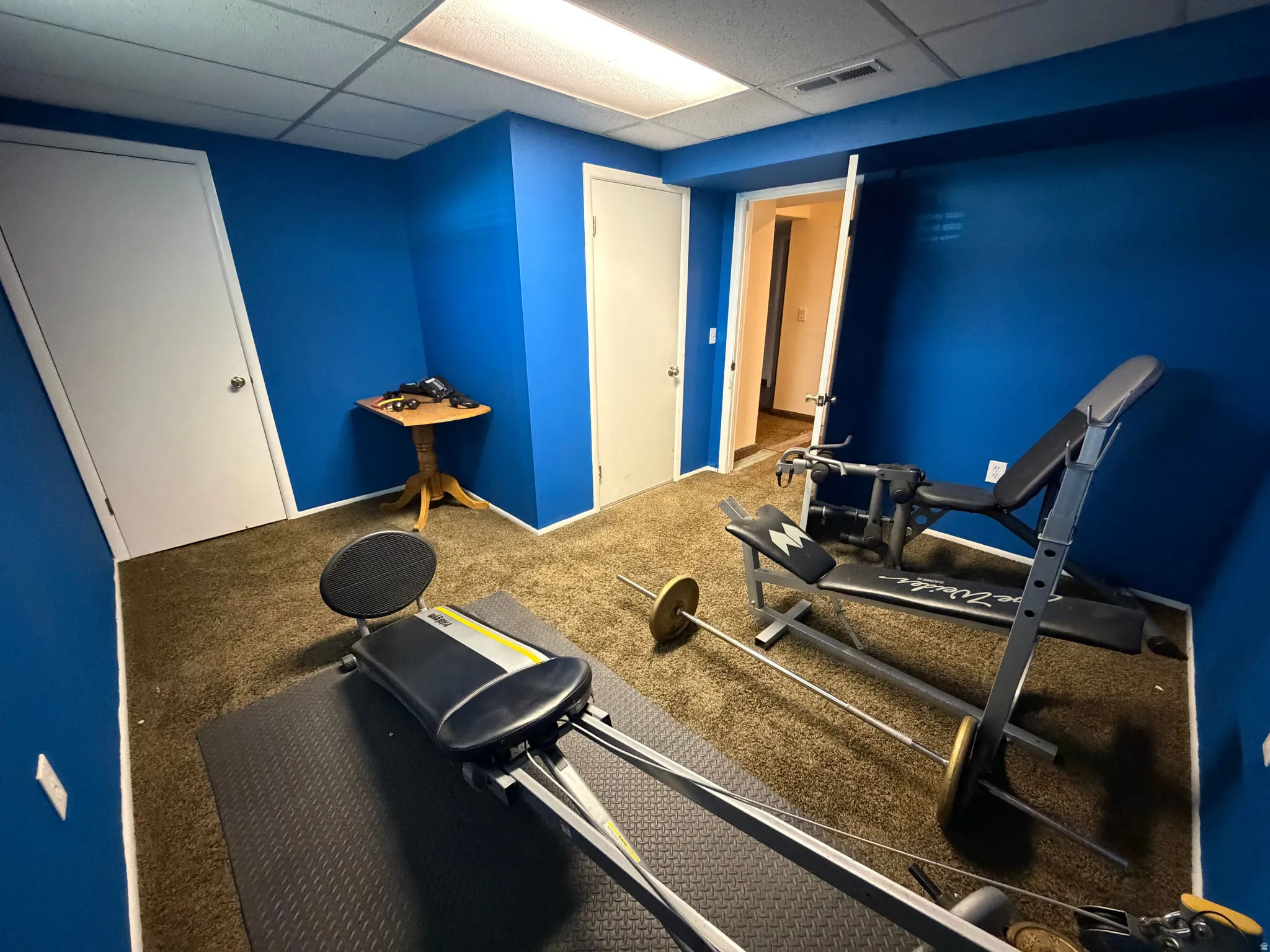 Versatile interior space featuring blue painted walls, brown carpet flooring, and a white drop ceiling with recessed lighting