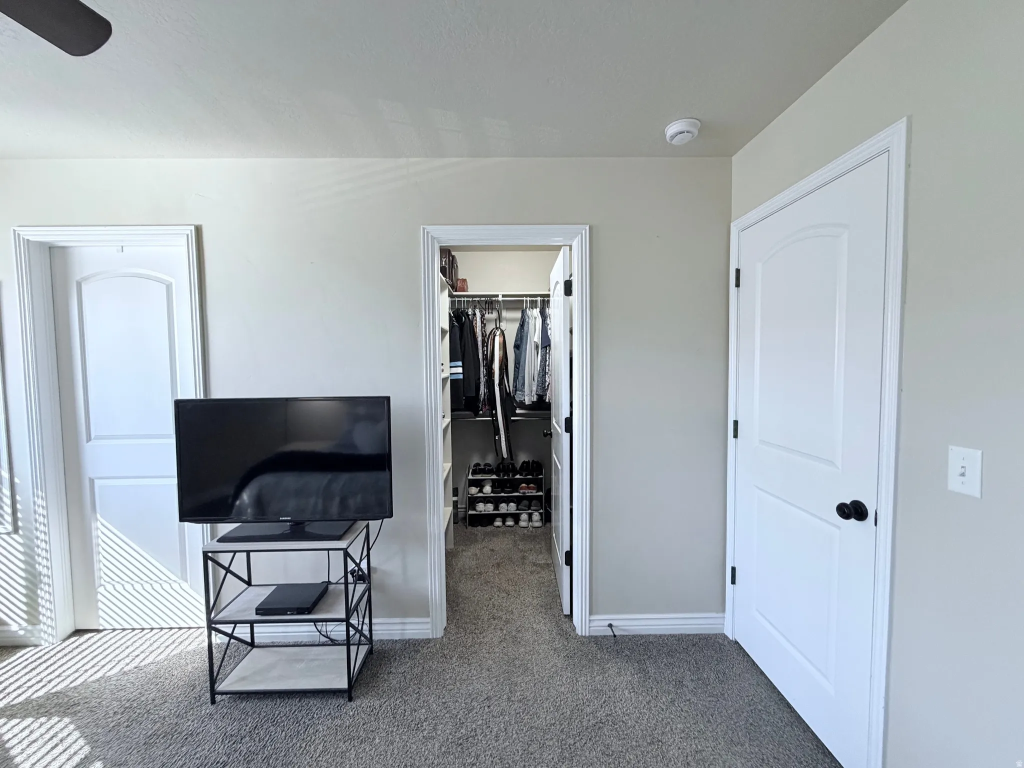 Carpeted room with light-colored walls and white trim