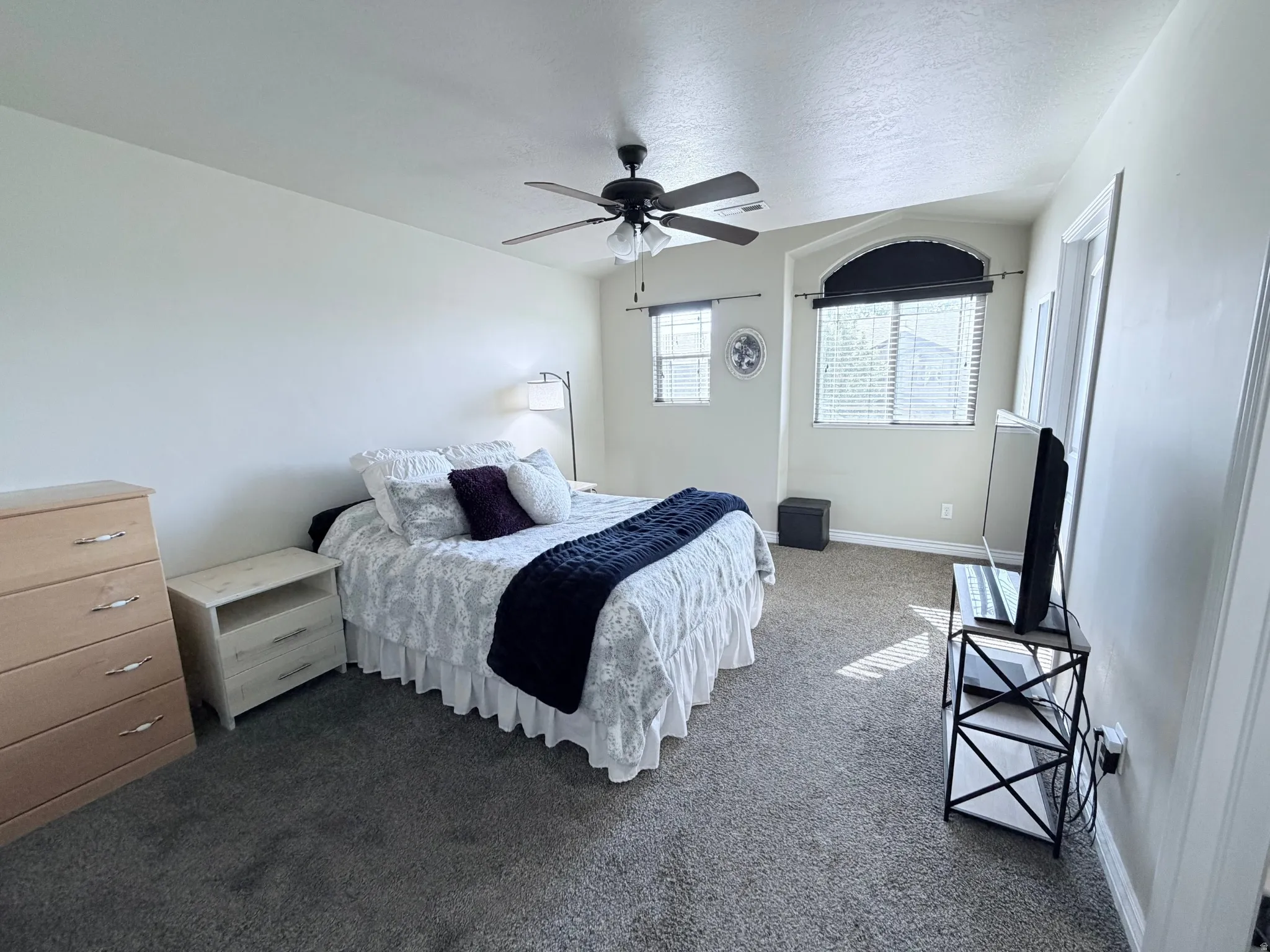 Spacious bedroom featuring light-toned walls with neutral carpeting, a ceiling fan with a light fixture, and multiple windows including an arched window with blinds