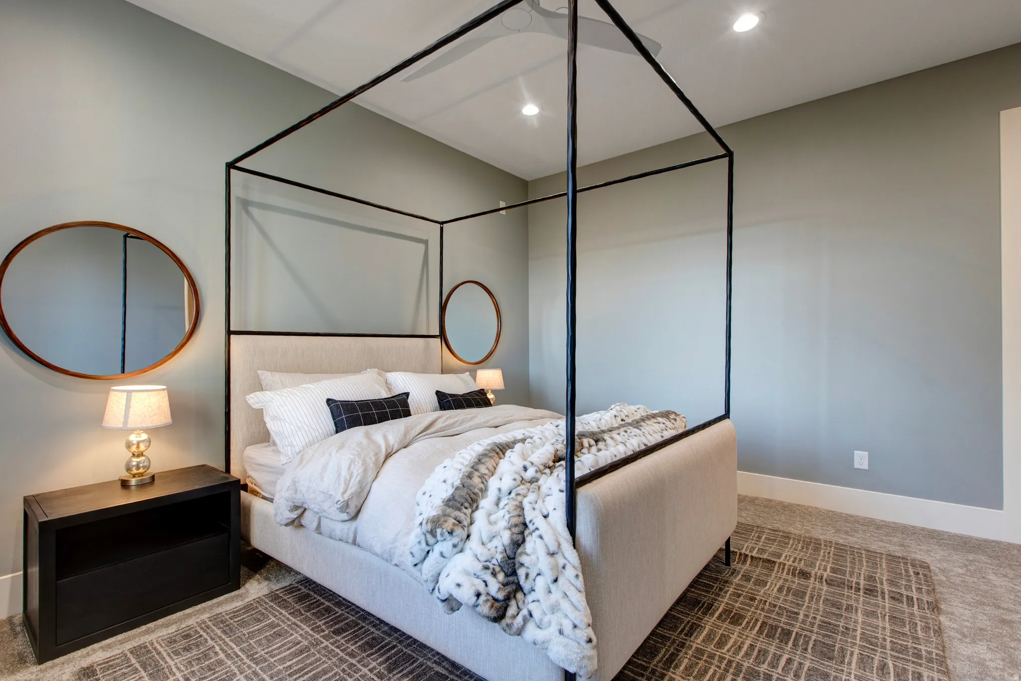 Bedroom featuring recessed lighting, a ceiling fan, and light gray wall paint