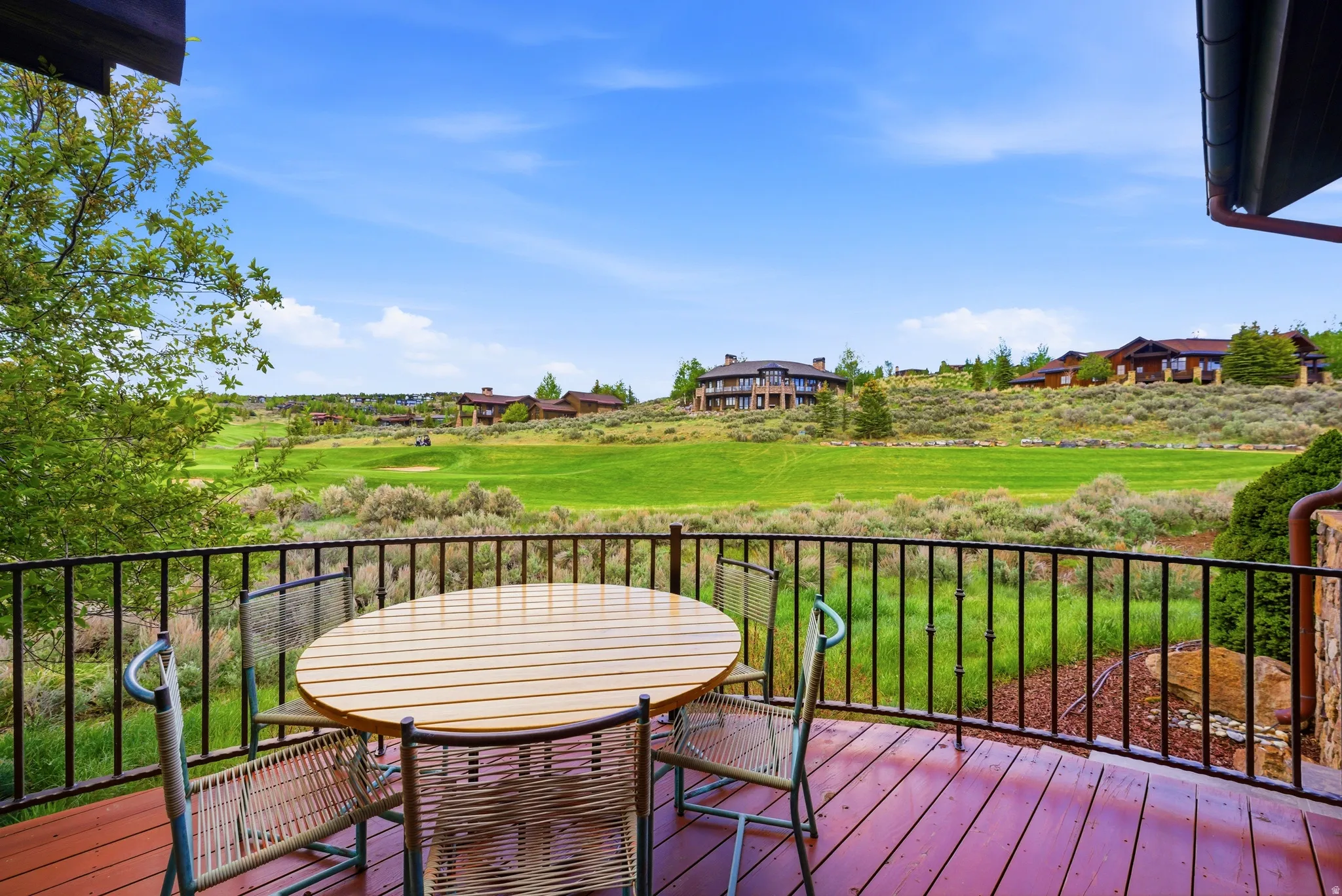 Spacious outdoor deck featuring a rich reddish-brown wood-finish surface and black metal railing