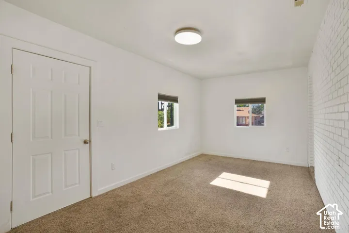 White interior walls, carpet flooring, two windows, surface-mount ceiling light, and a paneled interior door