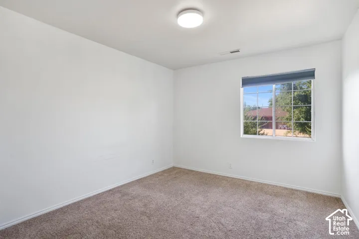 Carpeted flooring with white wall finishes, a window with horizontal blinds, and an overhead flush mount light fixture