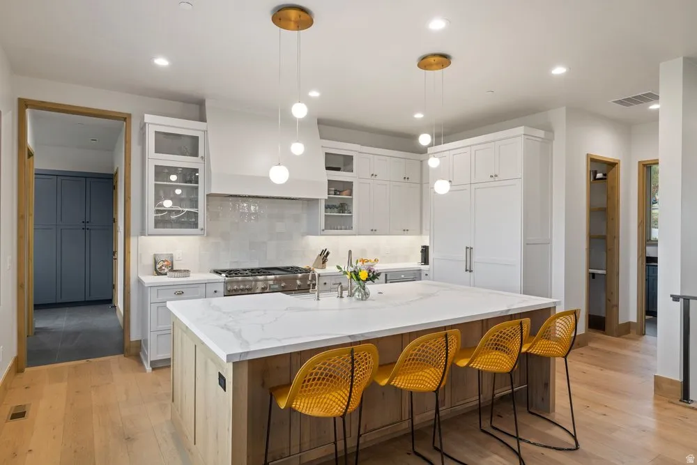 Gourmet kitchen featuring white cabinetry, a large center island with a quartz countertop, wood-finish flooring, a tile backsplash, and recessed lighting