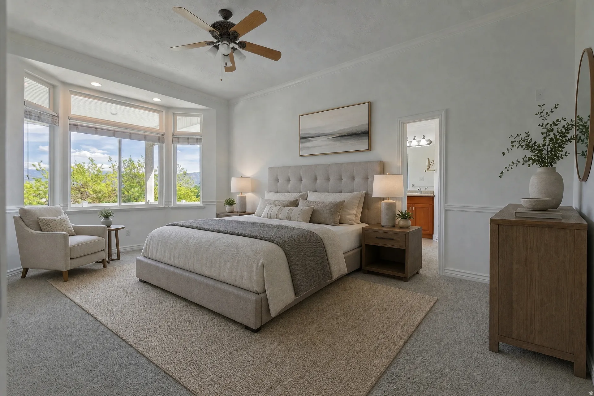 Spacious bedroom with a bay window, ceiling fan, carpet flooring, and crown molding