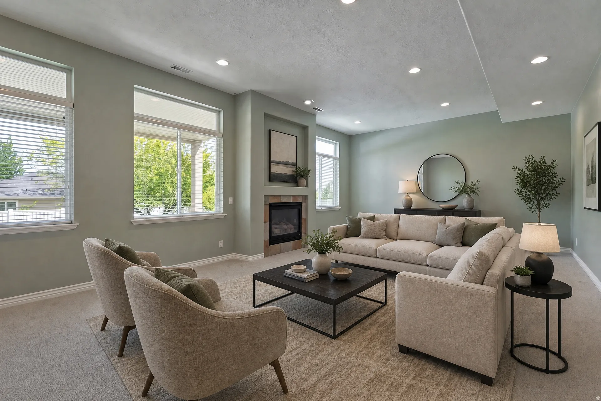 Spacious living area featuring a built-in fireplace with a tile surround, recessed lighting, multiple windows with blinds, and light-toned wall finishes