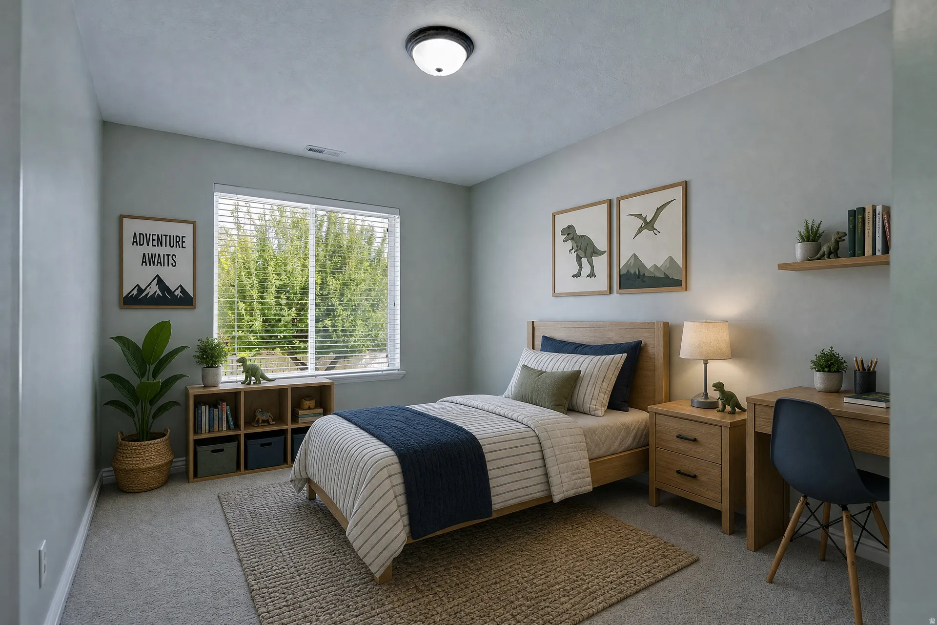 Bright bedroom featuring a large window with horizontal blinds, light-toned walls, recessed ceiling light, and wall-to-wall carpeting